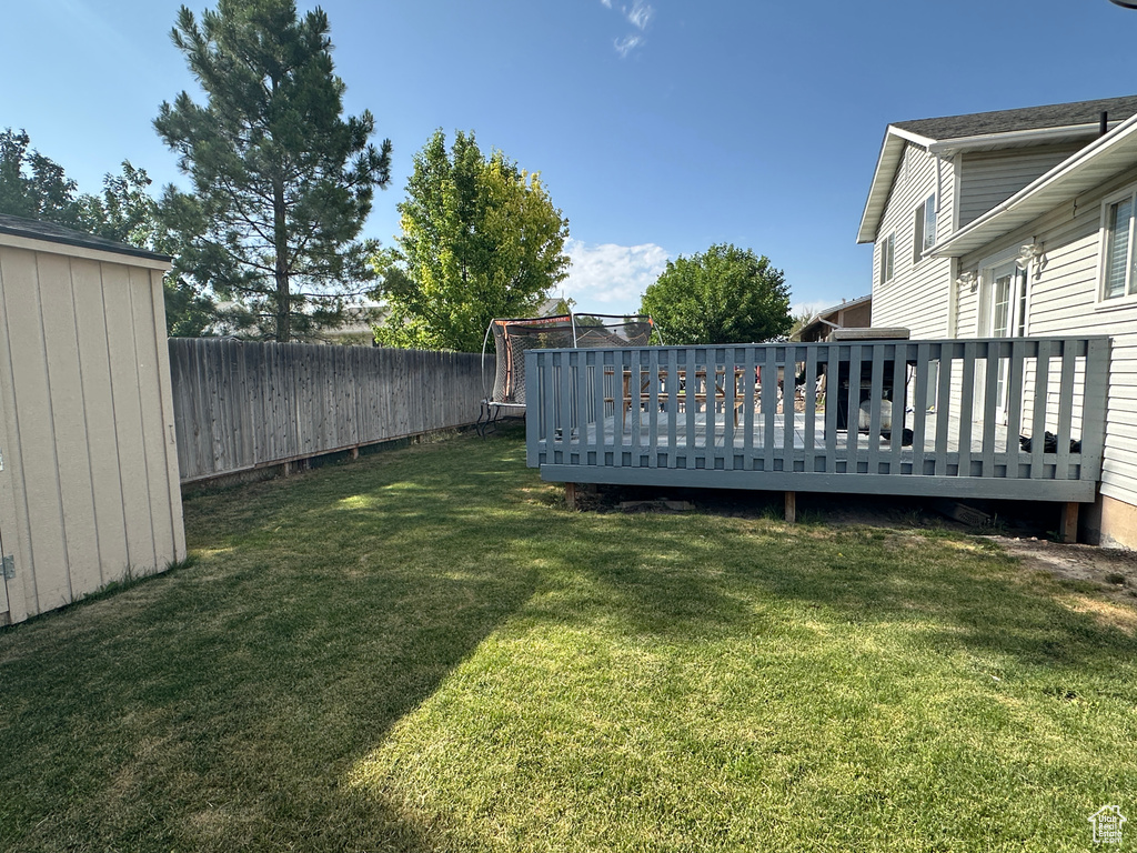 Fenced backyard featuring a deck