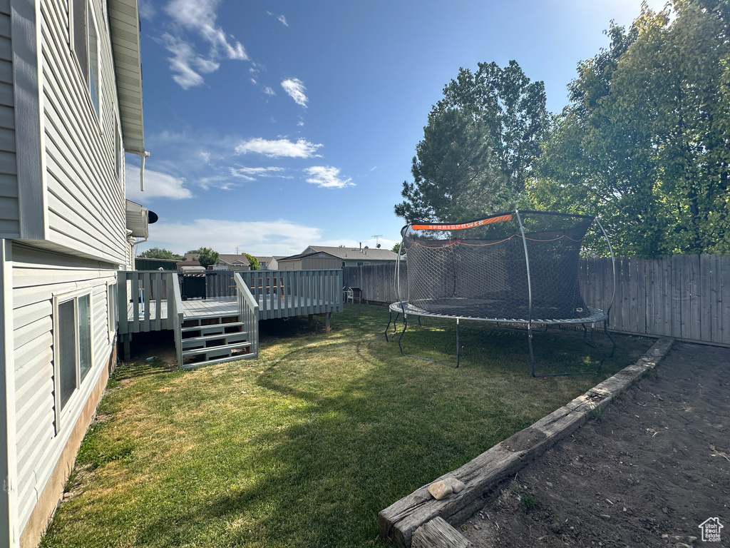 Fenced backyard featuring a trampoline and a deck