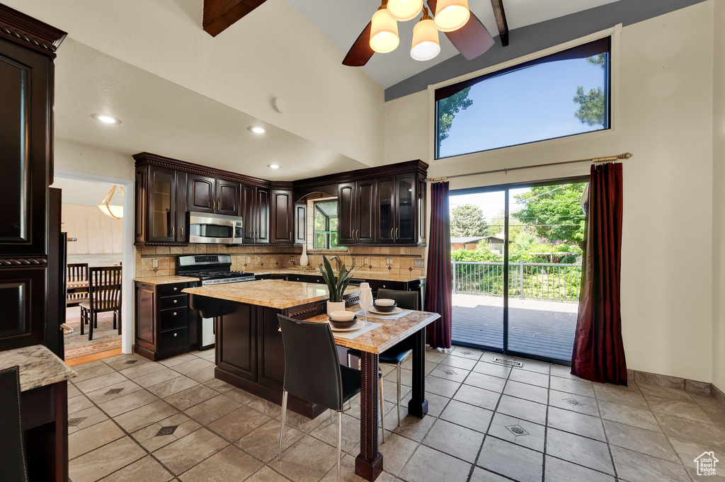Kitchen featuring stainless steel appliances, decorative backsplash, dark brown cabinets, ceiling fan, and recessed lighting