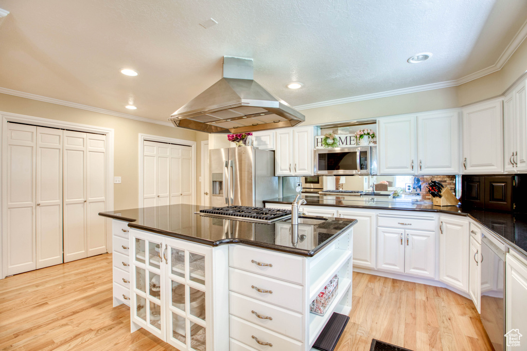 Kitchen featuring appliances with stainless steel finishes, island exhaust hood, a kitchen island with sink, white cabinetry, and crown molding