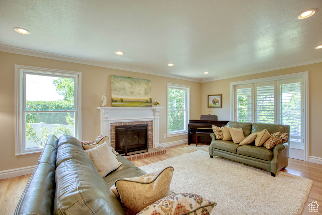 Living area featuring plenty of natural light, a fireplace, crown molding, recessed lighting, and light wood-type flooring
