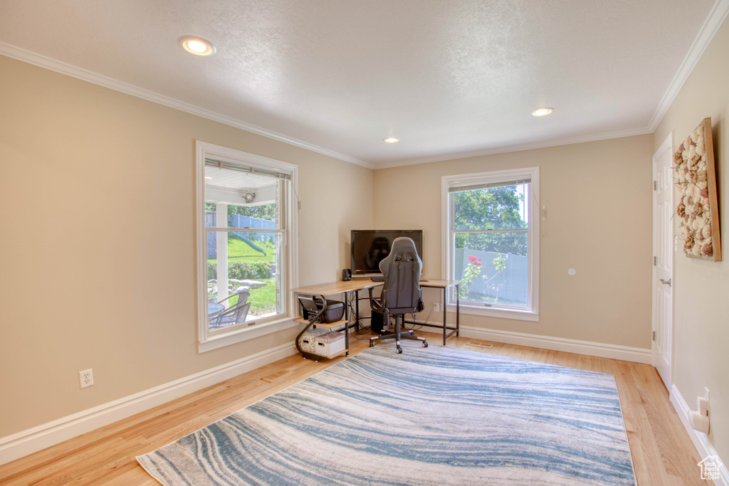 Office area featuring plenty of natural light, wood finished floors, crown molding, and recessed lighting