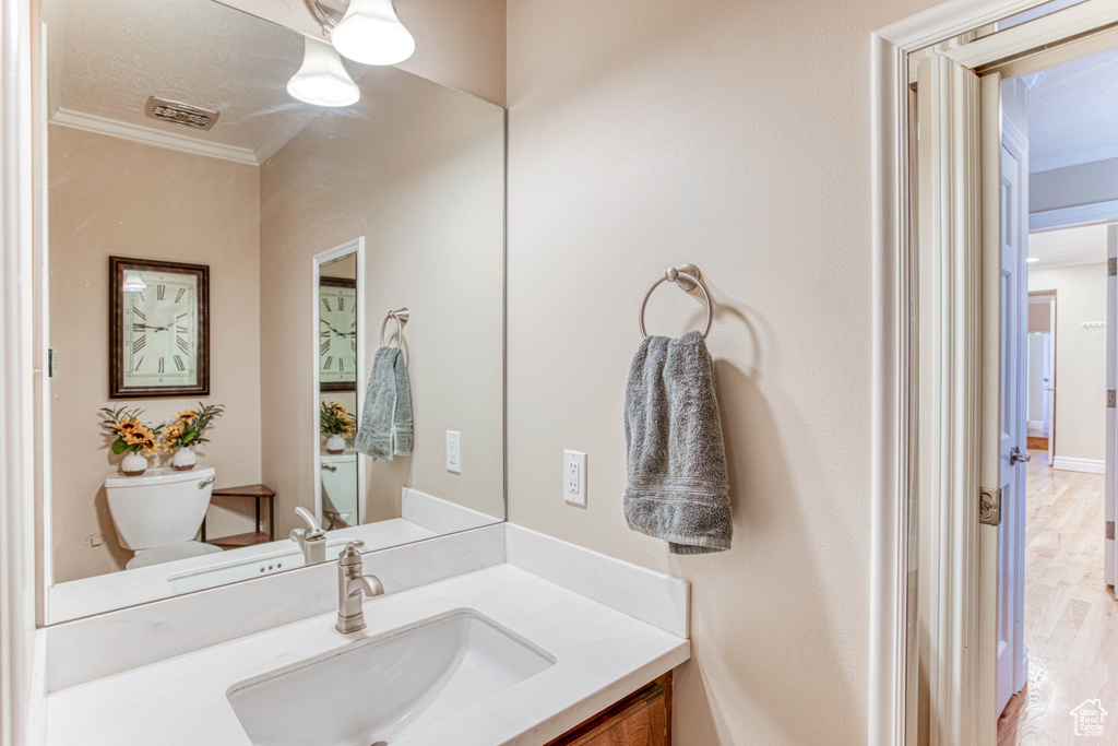Half bathroom featuring ornamental molding, vanity, and wood finished floors