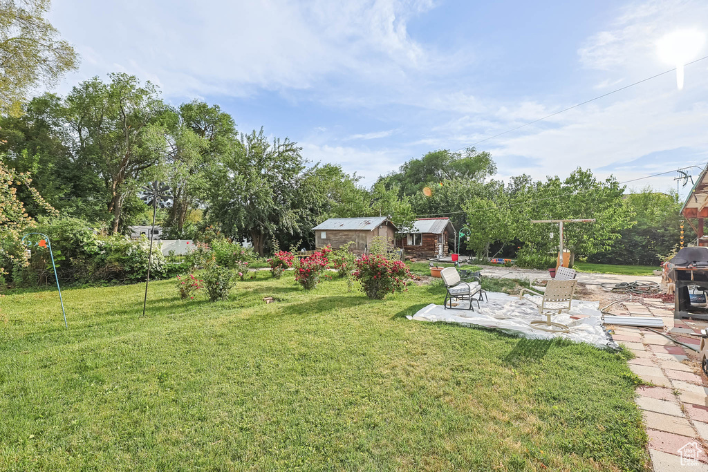 View of green lawn featuring a patio area, an outbuilding, and view of wooded area