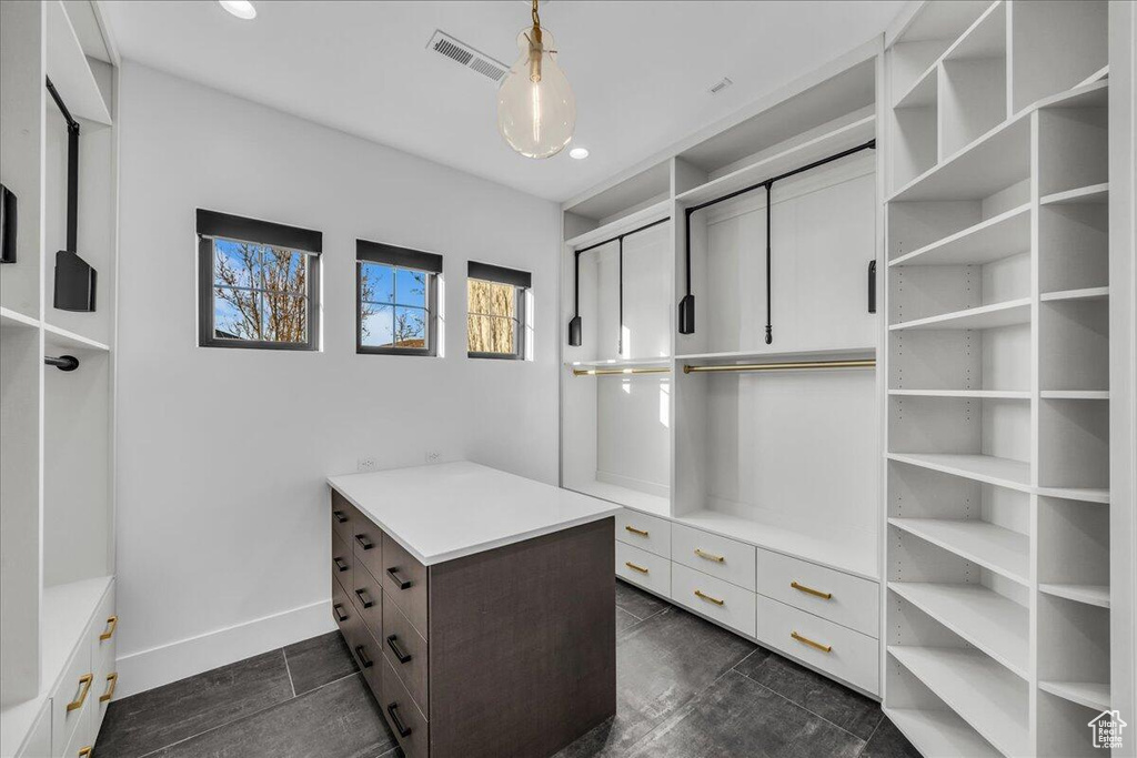 Walk in closet with dark wood-style floors