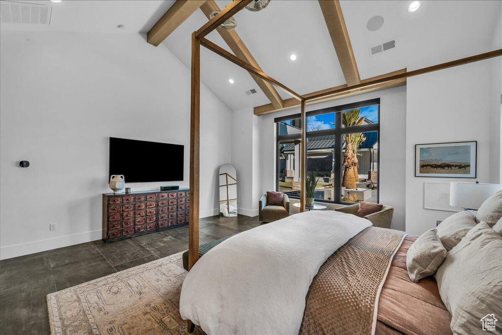 Bedroom featuring beamed ceiling, access to outside, recessed lighting, and high vaulted ceiling