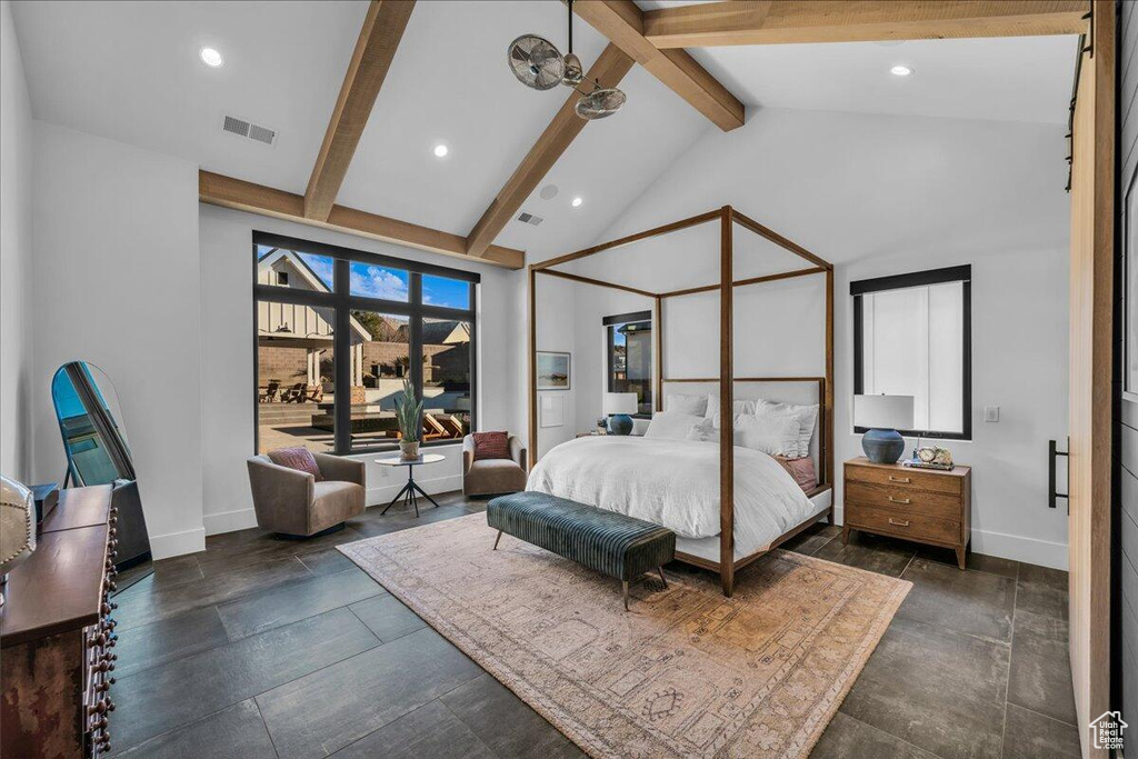 Bedroom with beamed ceiling, high vaulted ceiling, recessed lighting, and access to outside