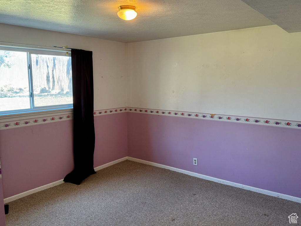 Spare room with light carpet and a textured ceiling