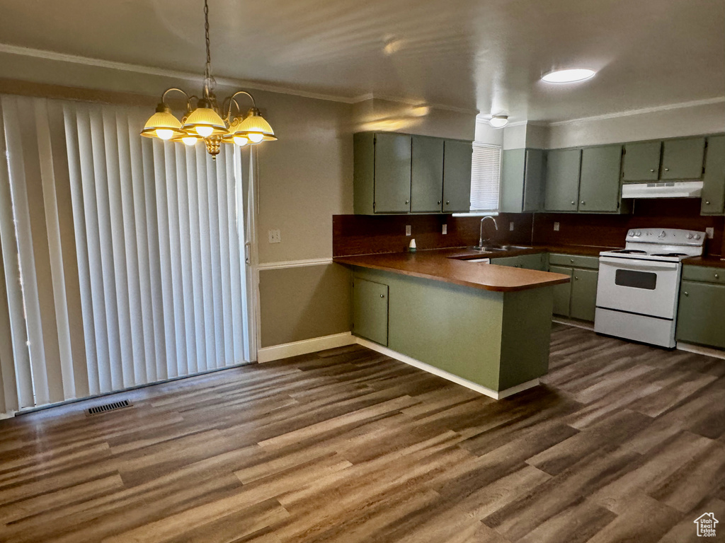Kitchen featuring white electric range, under cabinet range hood, green cabinetry, a peninsula, and crown molding