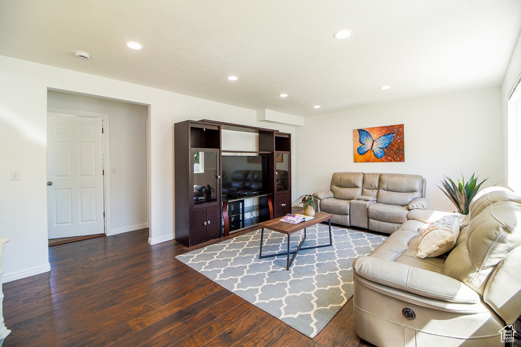 Living room with dark wood-type flooring and recessed lighting