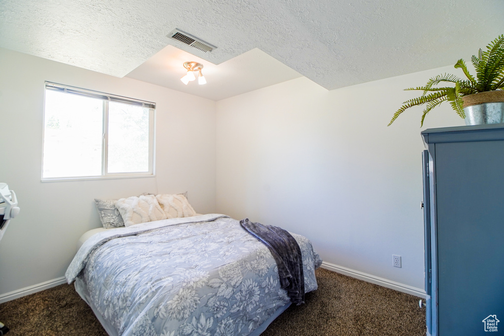 Bedroom featuring carpet flooring and a textured ceiling