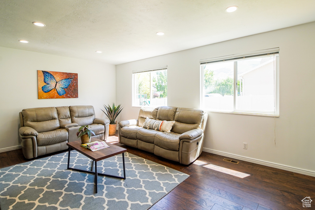 Living room featuring hardwood / wood-style flooring and recessed lighting