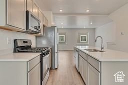 Kitchen with appliances with stainless steel finishes, light countertops, gray cabinetry, light wood-type flooring, and recessed lighting