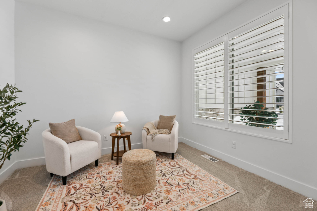 Living area with carpet and recessed lighting