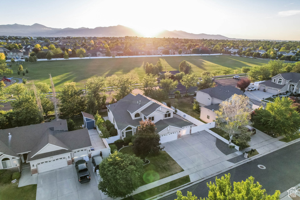 Aerial view of residential area with a mountainous background