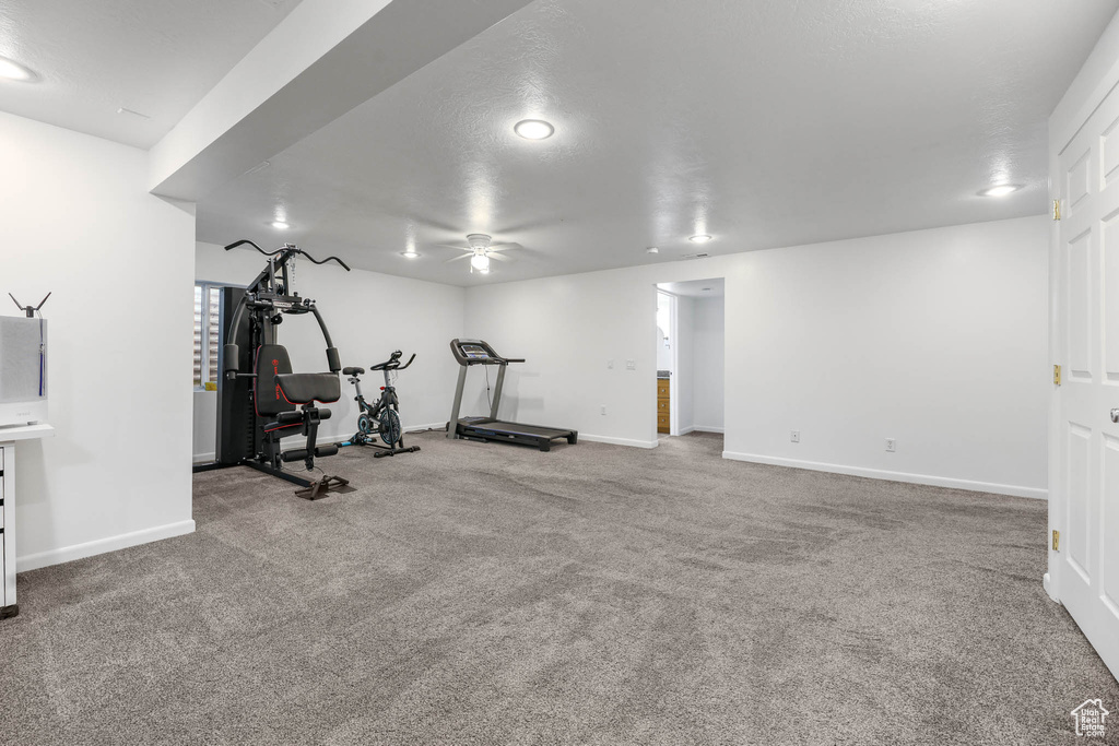 Workout area featuring a ceiling fan and carpet floors
