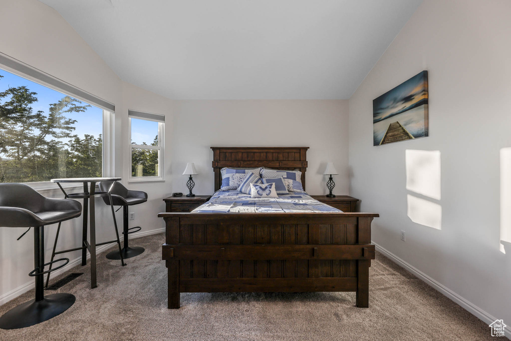 Carpeted bedroom featuring baseboards and lofted ceiling