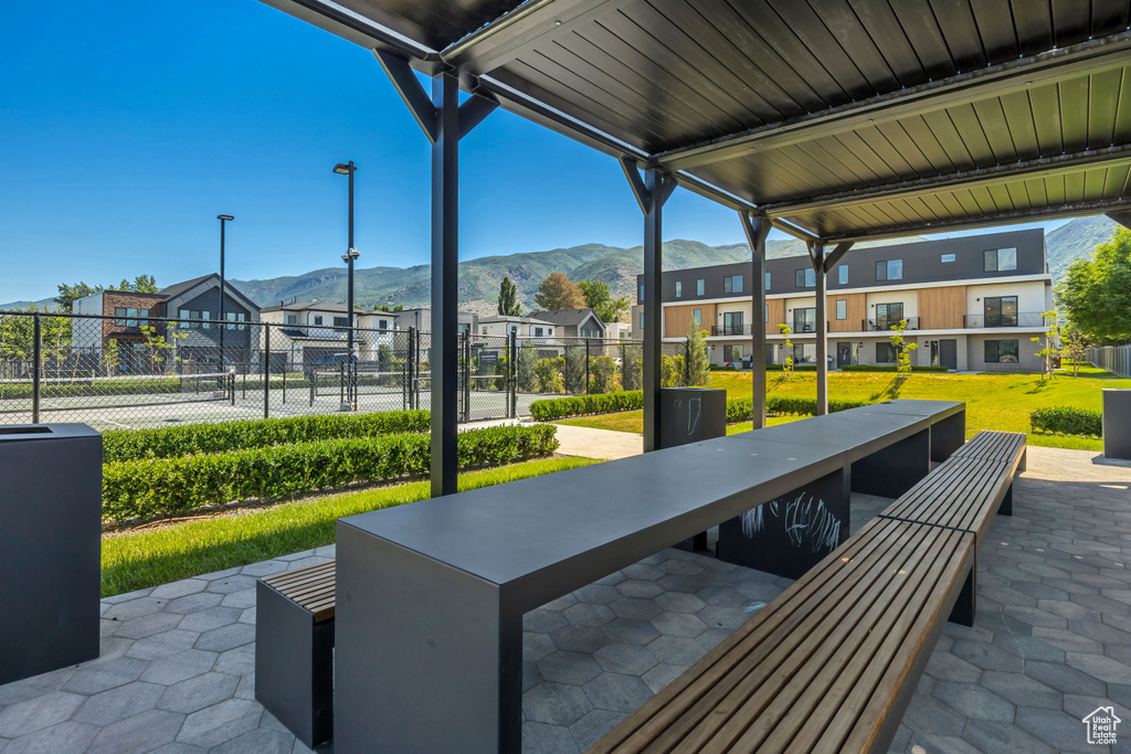 View of patio featuring a mountain view and a residential view