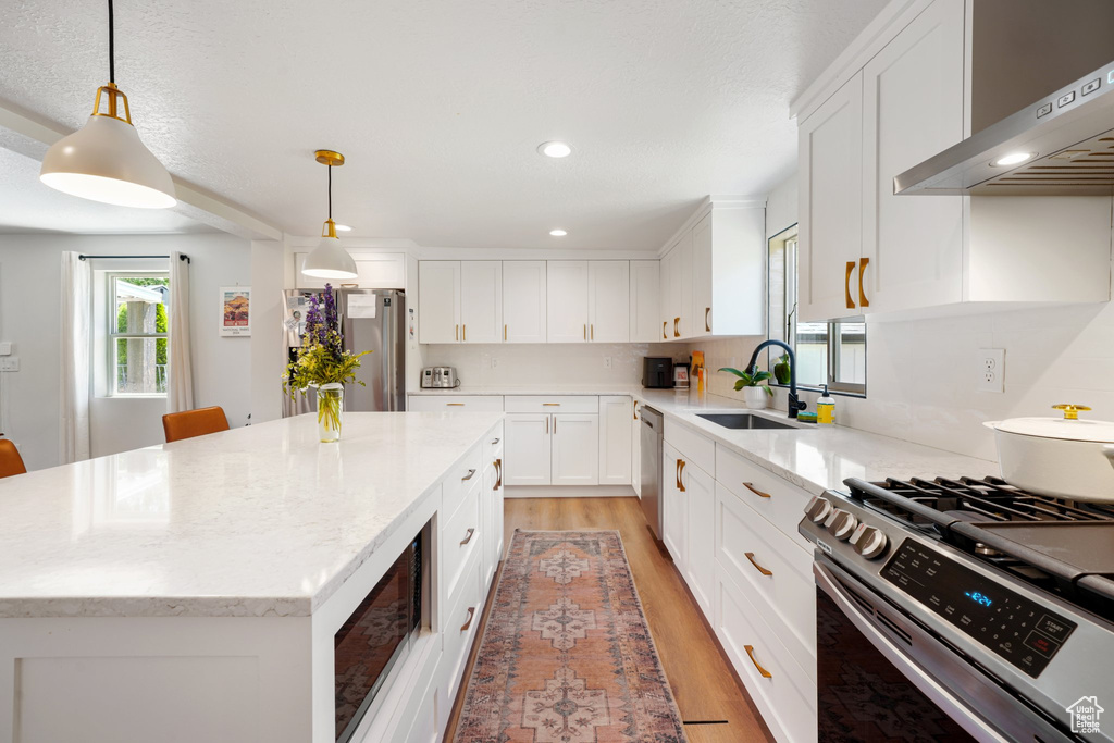 Kitchen featuring extractor fan, stainless steel appliances, light wood-style floors, recessed lighting, and white cabinets