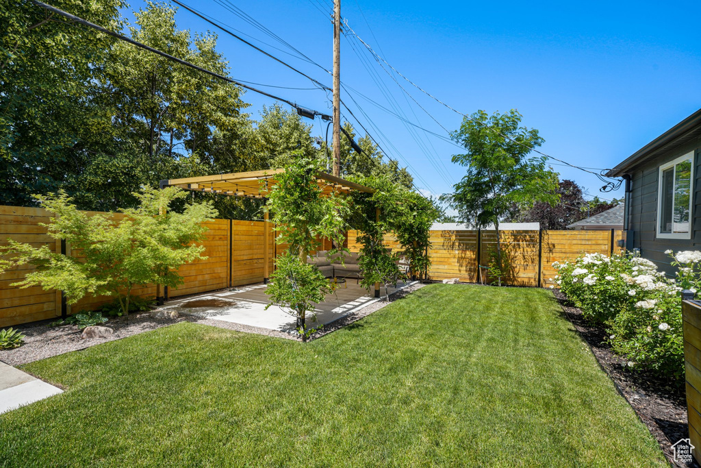 Fenced backyard featuring a patio