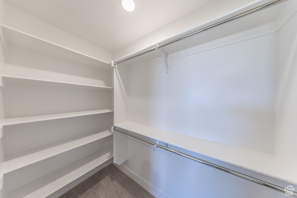 Walk in closet featuring dark carpet