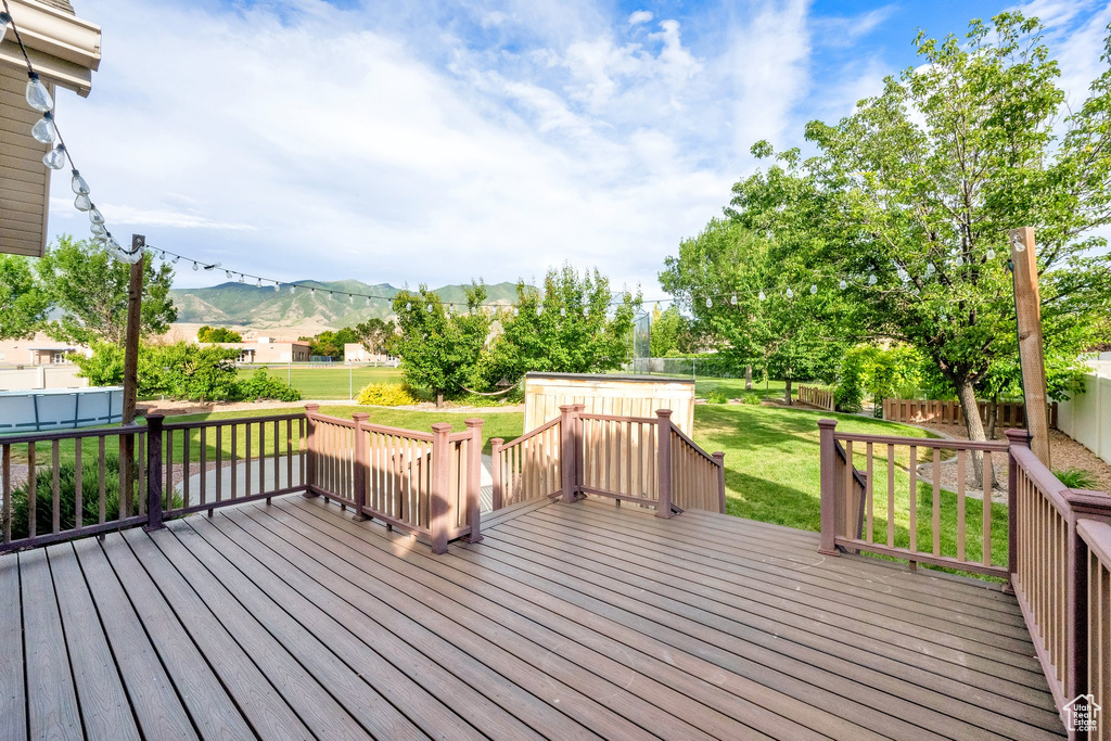 Deck featuring a mountain view and a fenced backyard