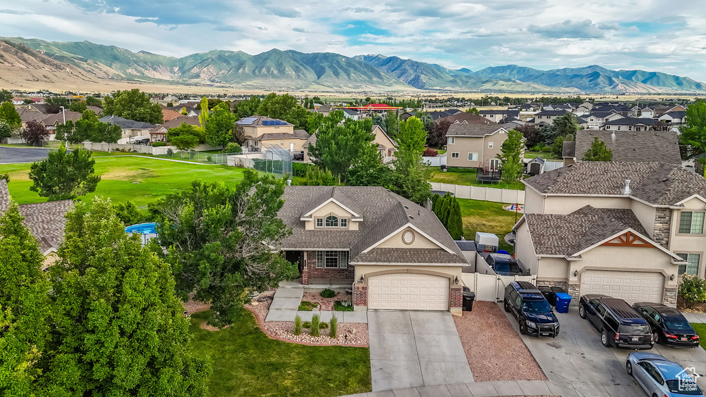 Aerial perspective of suburban area featuring mountains
