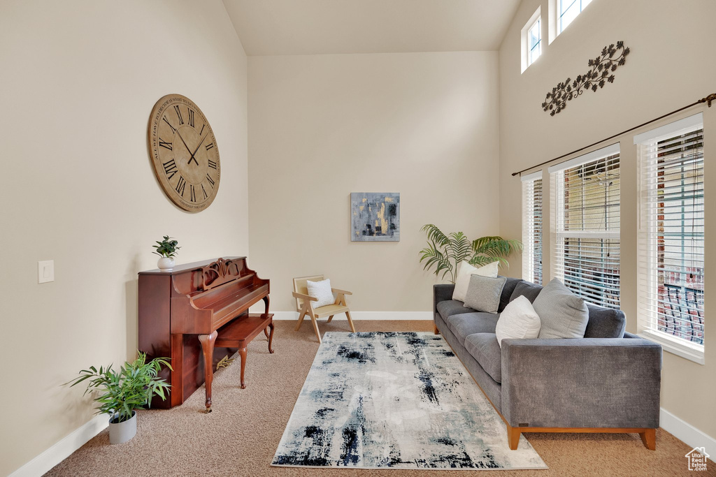 Carpeted living room featuring baseboards and a high ceiling