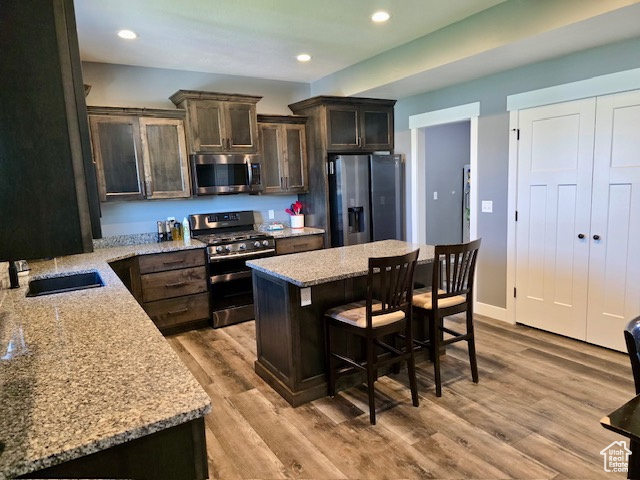 Kitchen featuring appliances with stainless steel finishes, a kitchen breakfast bar, recessed lighting, light wood-type flooring, and dark brown cabinetry