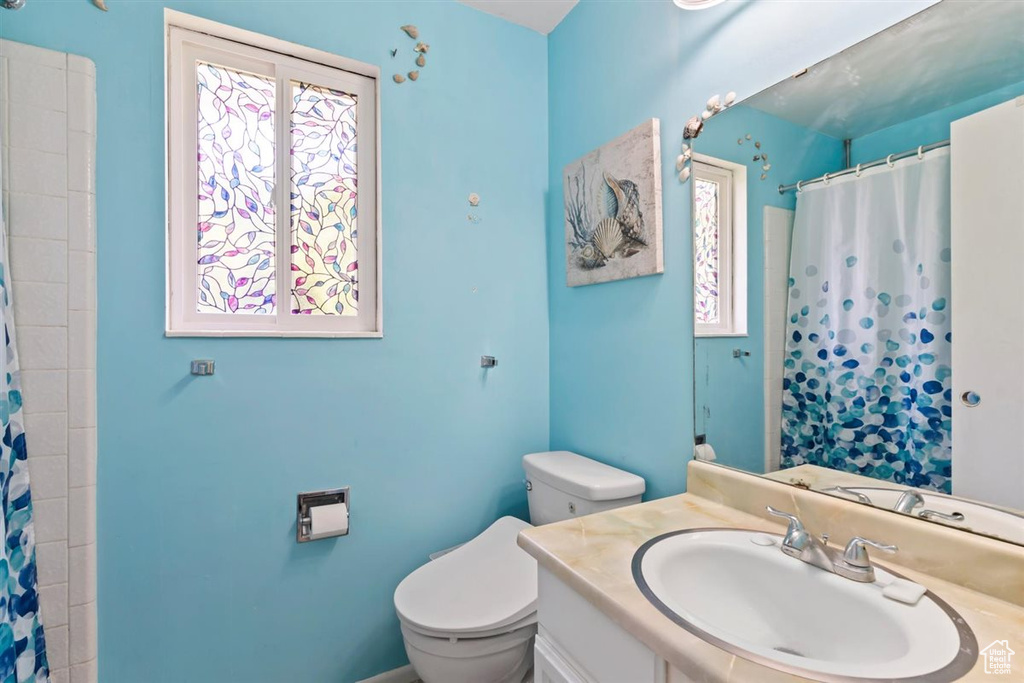Full bathroom with vanity and a shower with curtain