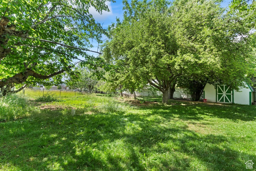 View of green lawn with an outdoor structure and a barn