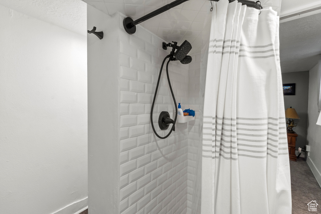 Bathroom view of a tile shower and carpet flooring