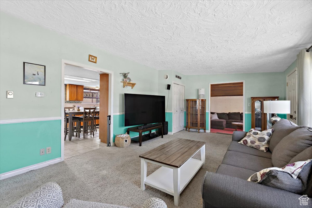 Living area featuring a textured ceiling and carpet floors