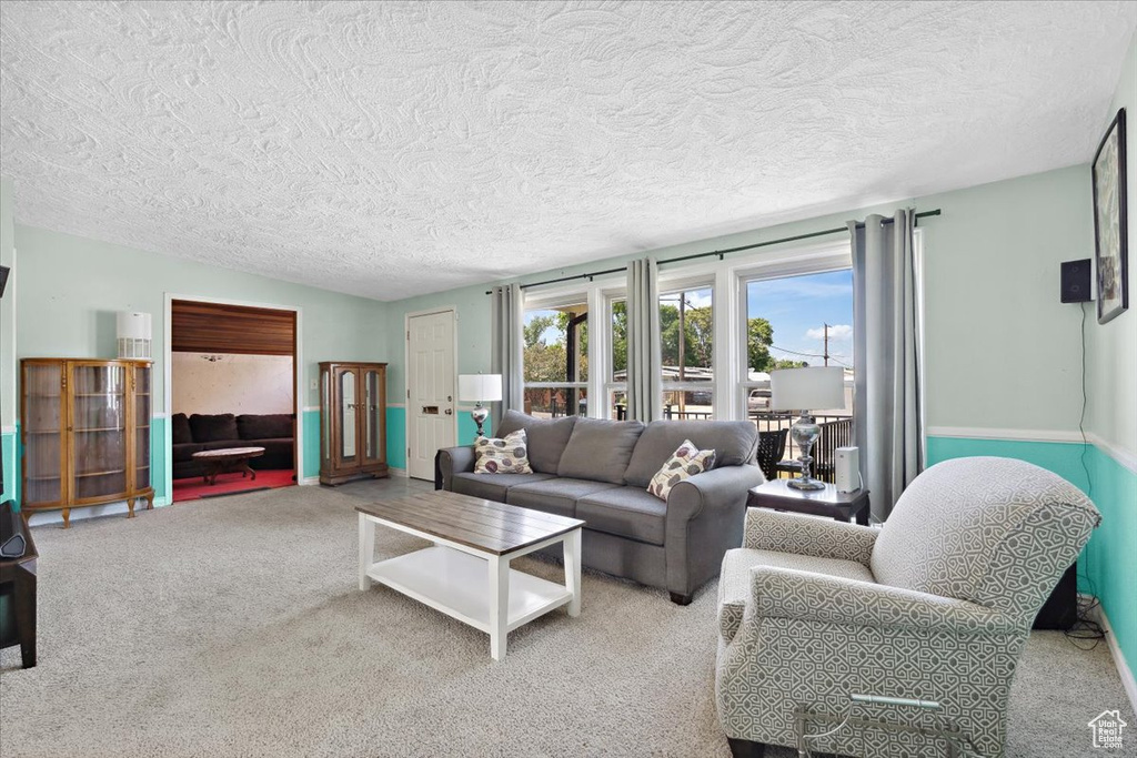 Carpeted living area featuring a textured ceiling
