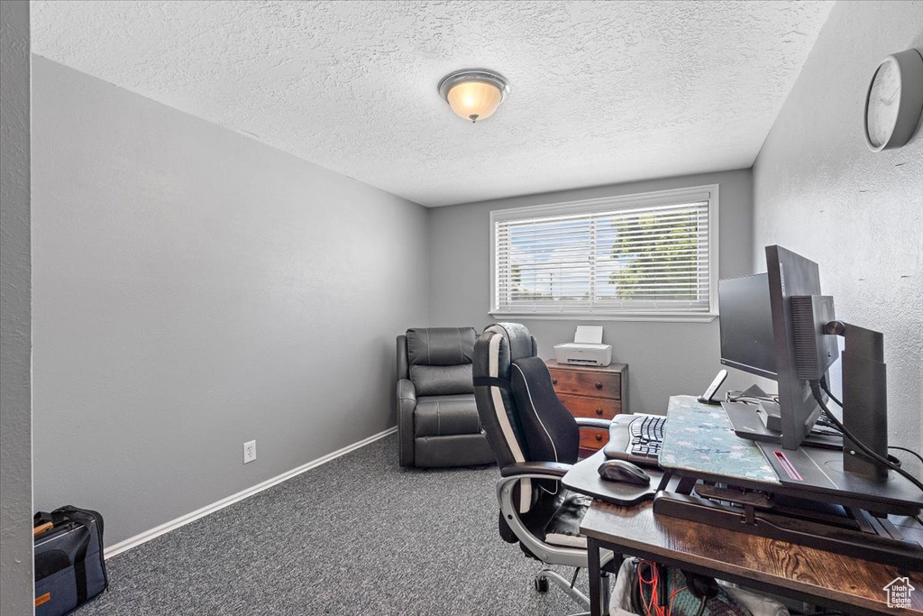 Carpeted office space featuring a textured ceiling and baseboards