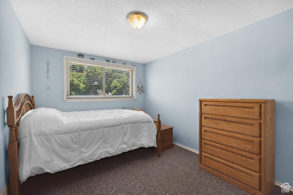 Bedroom with carpet floors and a textured ceiling