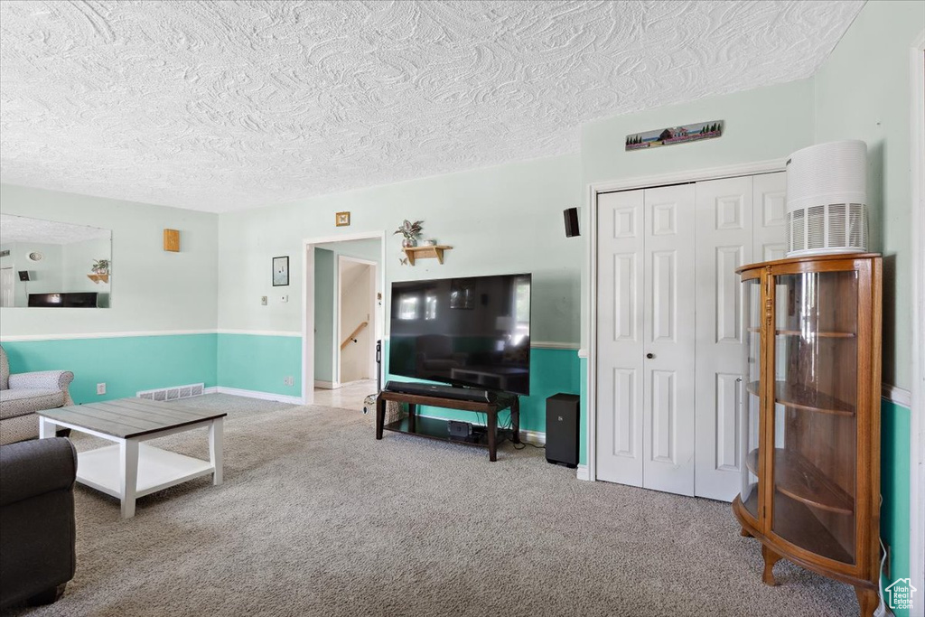 Living room with a textured ceiling, carpet, and wainscoting
