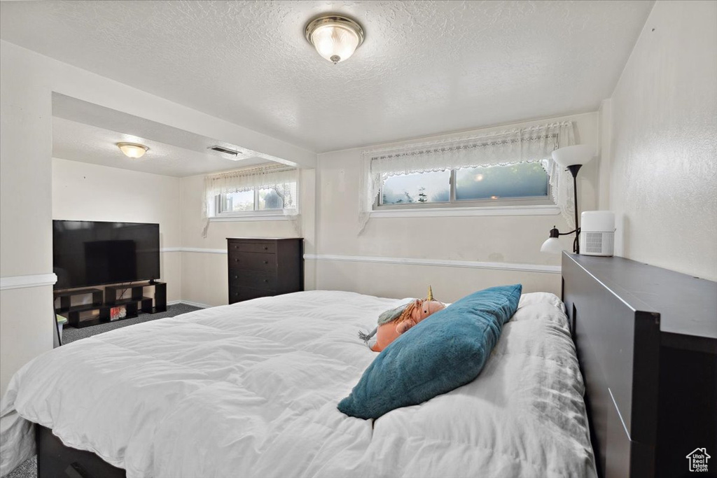 Bedroom with a textured ceiling