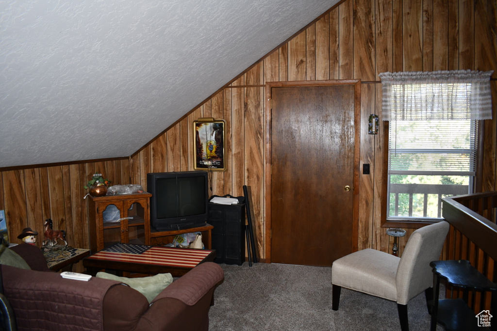 Carpeted office featuring lofted ceiling, wood walls, and a textured ceiling