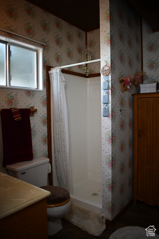Bathroom featuring toilet, vanity, and a stall shower