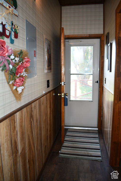 Entryway with electric panel, dark wood-type flooring, and wooden walls