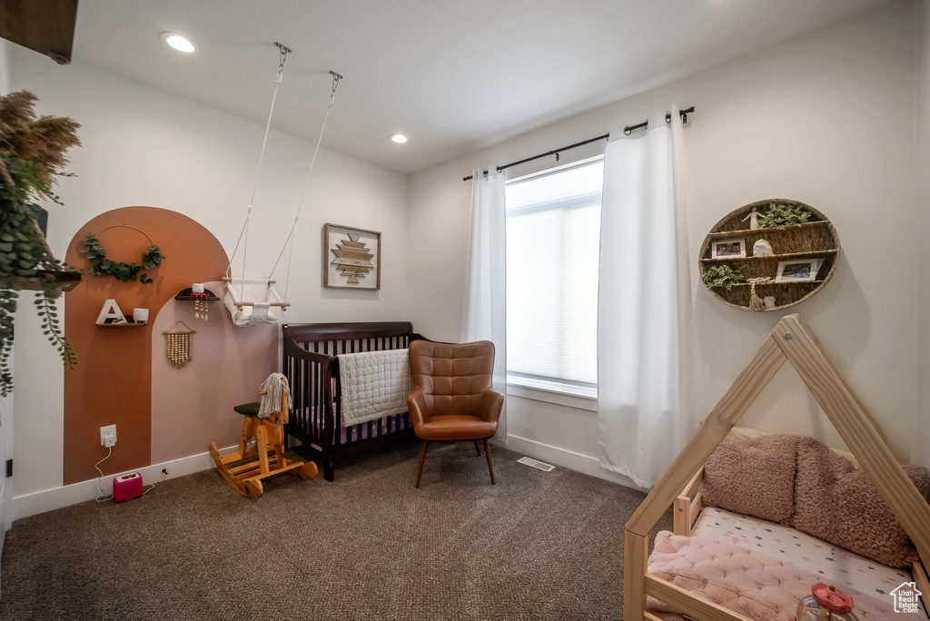 Living area with carpet flooring and recessed lighting