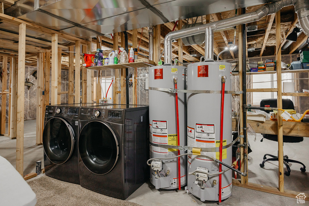 Utilities featuring washing machine and clothes dryer and secured water heater