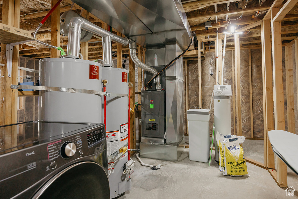 Utilities with washer / clothes dryer, water heater, and heating unit