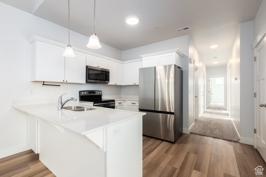 Kitchen with stainless steel appliances, a peninsula, light wood-style flooring, light countertops, and recessed lighting
