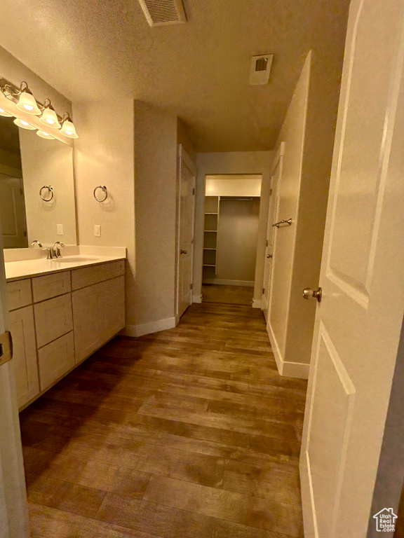 Bathroom featuring vanity, wood finished floors, baseboards, and a textured ceiling