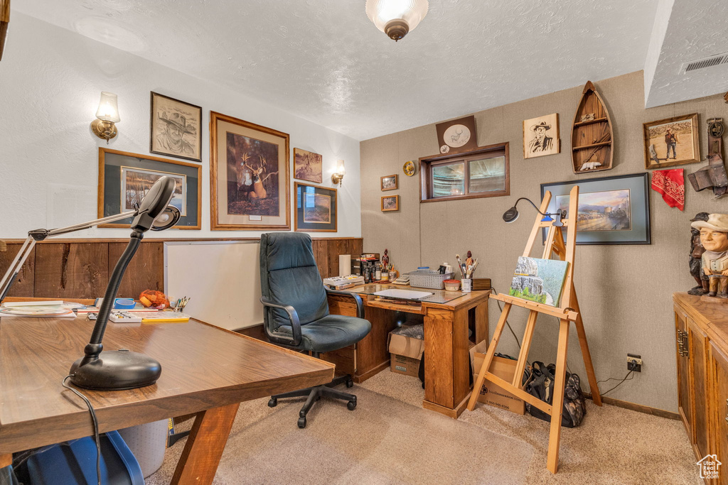 Office featuring carpet floors, a textured ceiling, baseboards, and a textured wall