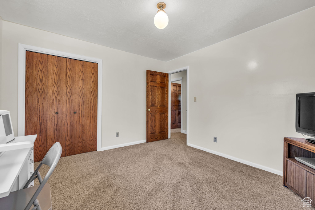 Carpeted office space with baseboards