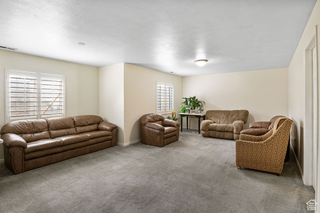 Carpeted living room with baseboards