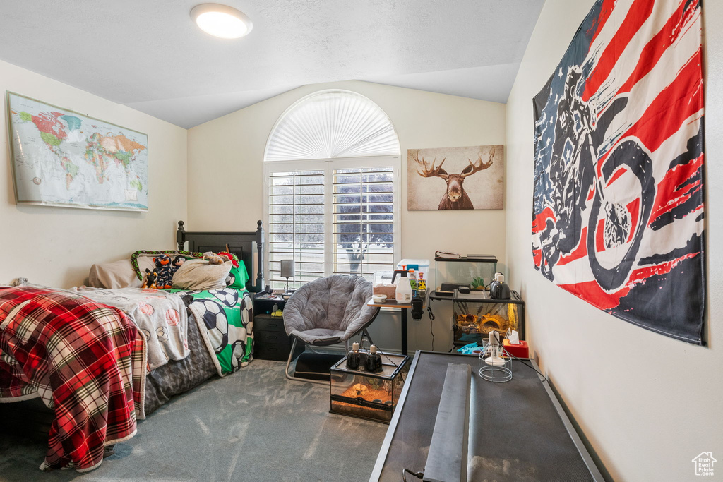 Bedroom featuring lofted ceiling and carpet
